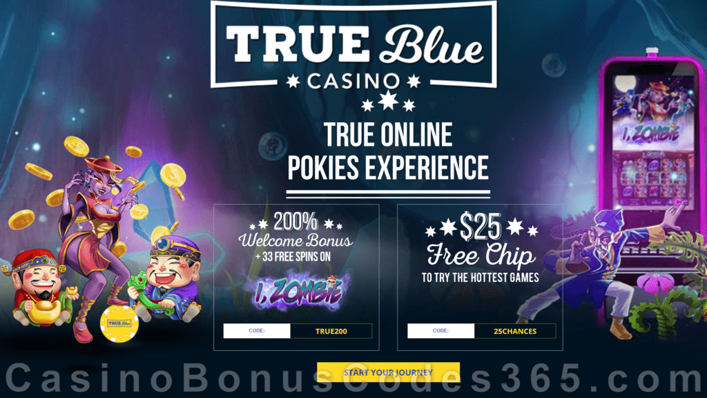 True Blue Casino $25 No Deposit FREE Chip and 200% Match plus 33 FREE RTG i Zombie Spins Welcome Pack Special Deal