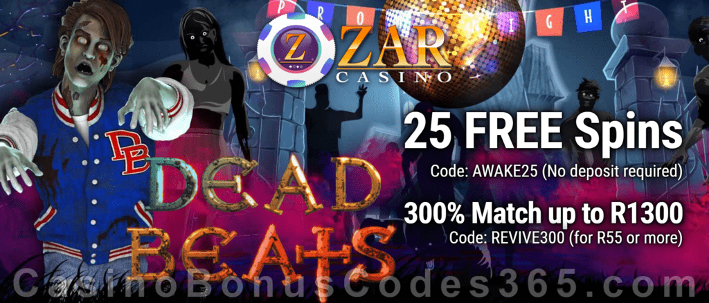 ZAR Casino 25 FREE Spins on Saucify Dead Beats plus 300% + 10 FREE Spins on Dead Beats Match Bonus New Players Promotion