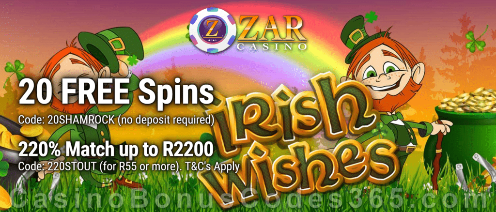 ZAR Casino 20 FREE Spins on Saucify Irish Wishes plus 220% + 10 FREE Spins on Irish Wishes Match Bonus New Players Promotion