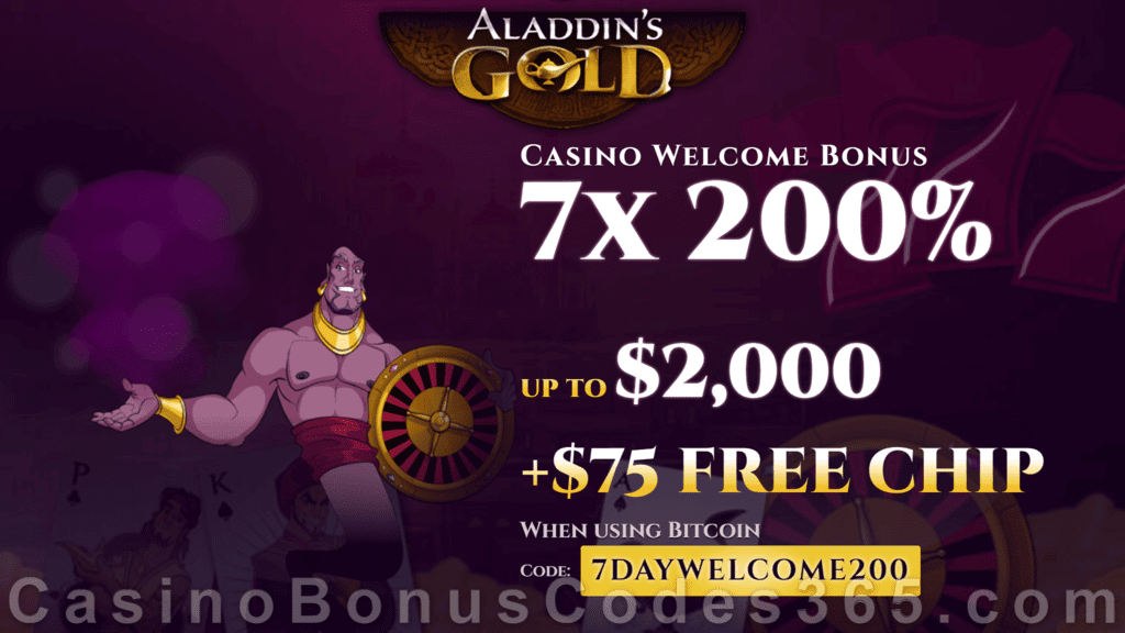 Aladdin's Gold Casino 200% Match up to $2000 Bonus for 7 Days Welcome Package RTG