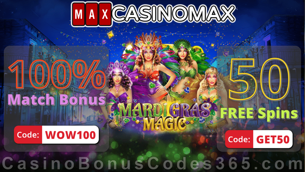 Casino Max 100% Match Bonus plus 50 FREE RTG Mardi Gras Magic Spins Payday Special Treat