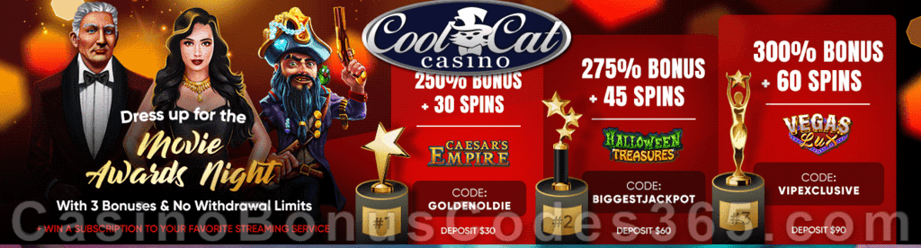 CoolCat Casino CoolCat Casino Movie Awards Night Weekend Bonuses Caesar's Empire Halloween Treasures Vegas Lux