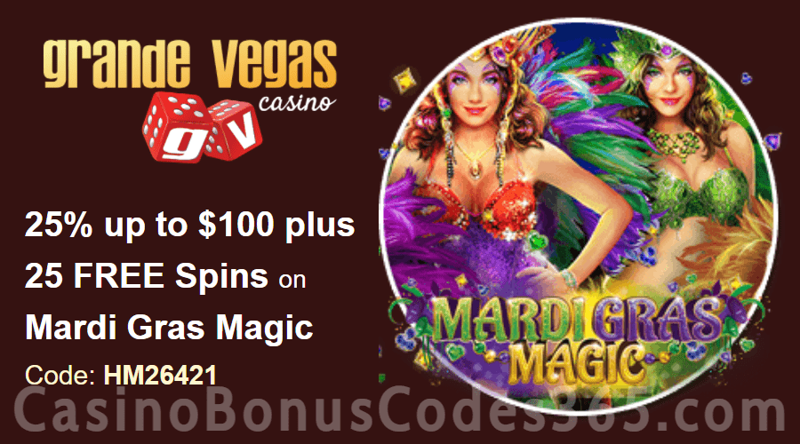 Grande Vegas Casino 25% up to $100 plus 50 FREE Spins on RTG RTG Mardi Gras Magic Special Offer