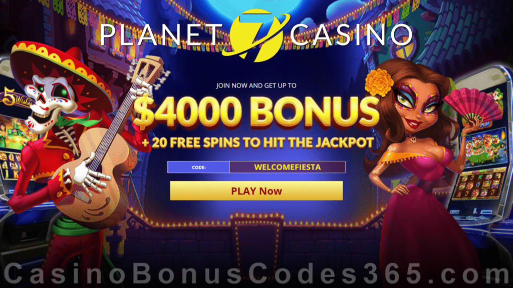 Planet 7 Casino 400% Match Bonus Plus 20 FREE Spins New Players Welcome Deal RTG Diamond Fiesta