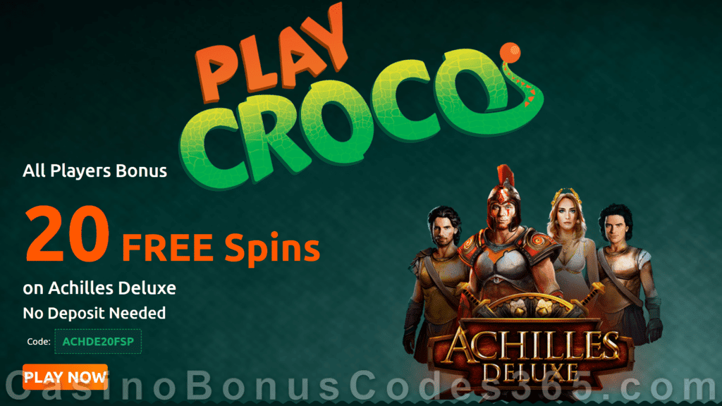 PlayCroco 20 FREE Achilles Deluxe Spins Special No Deposit New RTG Game Promo