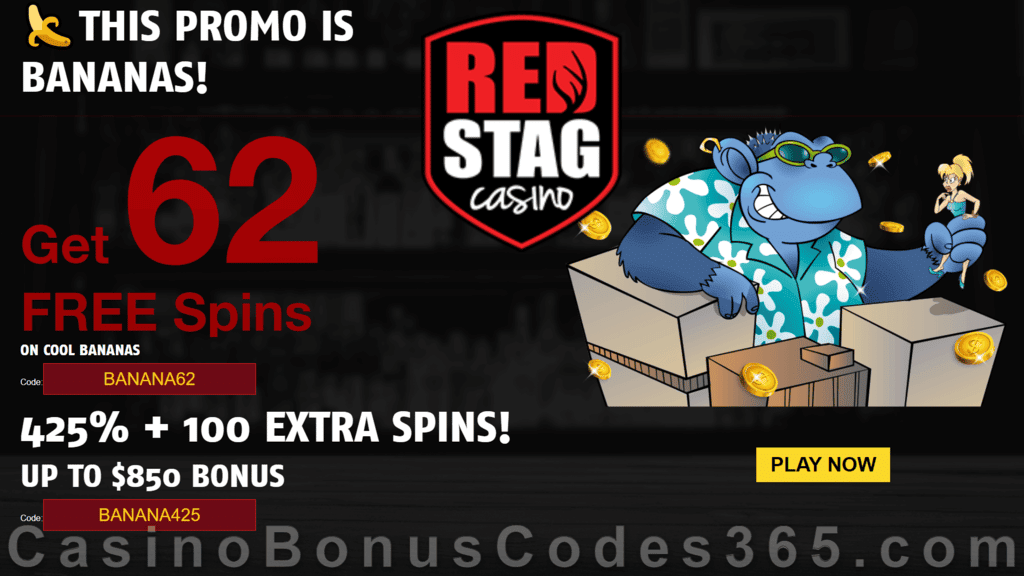 Red Stag Casino 62 FREE Spins on WGS Cool Bananas and 425% Match plus 100 FREE Spins Welcome Bonus