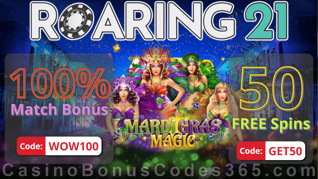 Roaring 21 100% Match Bonus plus 50 FREE Spins on RTG Mardi Gras Magic Special Easter Day All Players Promotion