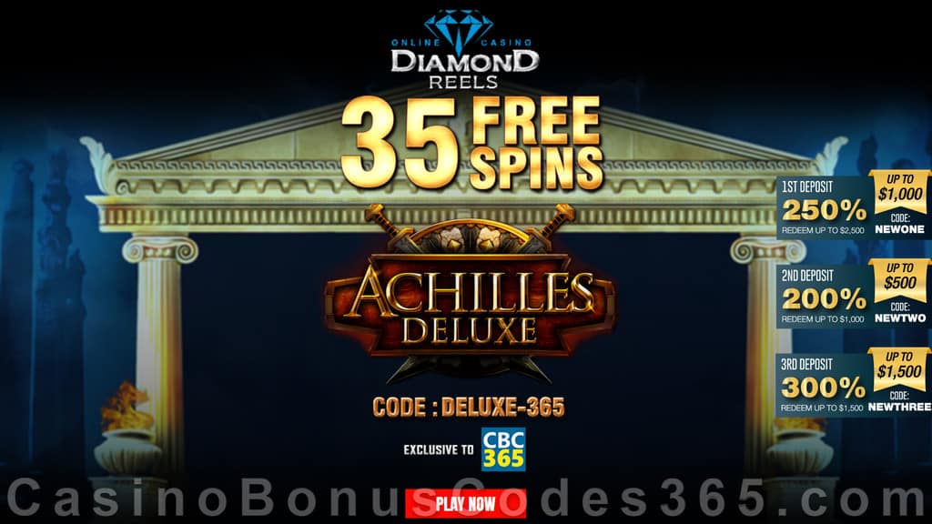 Diamond Reels Casino 35 FREE Spins on RTG Achilles Deluxe Exclusive No Deposit Welcome Deal