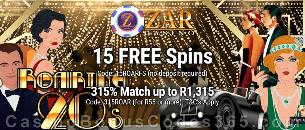 ZAR Casino 15 FREE Spins on Saucify Roaring 20s plus 315% + 10 FREE Spins on Roaring 20s Match Bonus New Players Promotion