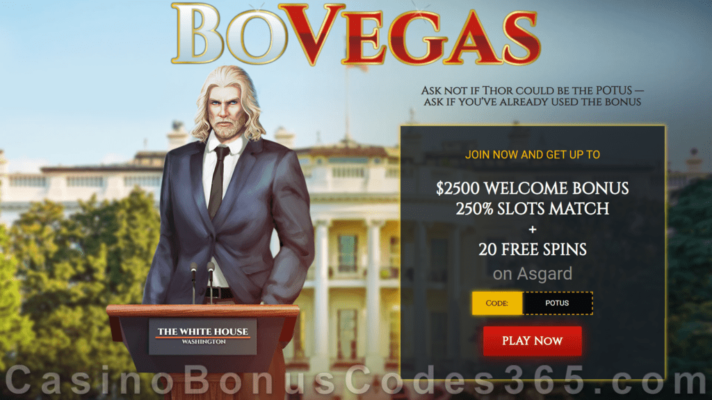 BoVegas Casino 250% Match Bonus plus 20 FREE Spins RTG Asgard Independence Day Promo