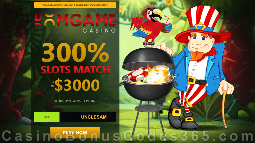 DomGame Casino 300% Match Bonus plus 30 FREE Spins Rival Gaming Party Parrot Independence Day Special Offer