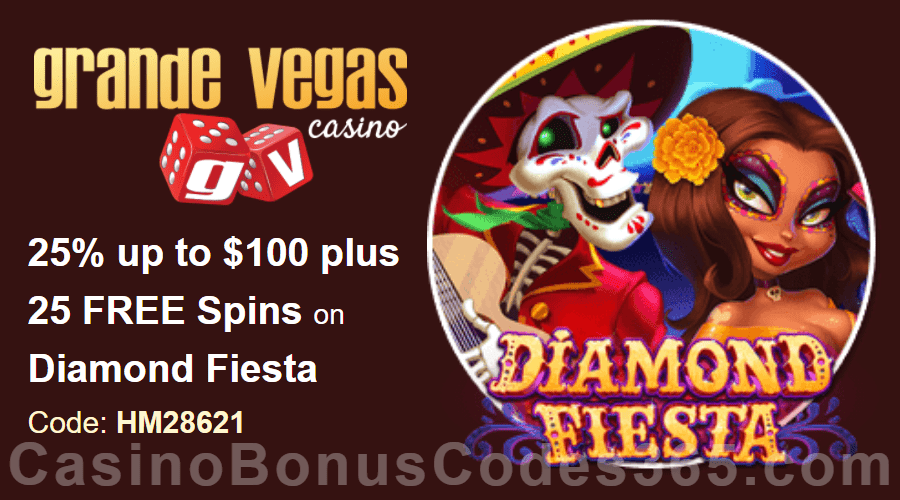 Grande Vegas Casino 25% up to $100 plus 50 FREE RTG Diamond Fiesta Spins Special Weekly Deal