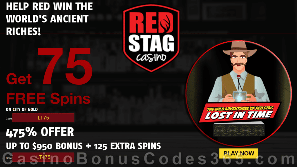 Red Stag Casino 75 FREE Spins on City of Gold plus 475% Match Bonus Welcome Package