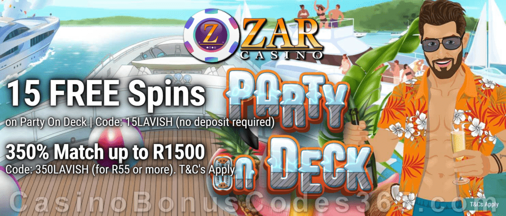 ZAR Casino 15 FREE Spins on Saucify Party on Deck plus 350% + 10 FREE Spins on Party on Deck Match Bonus New Players Promotion