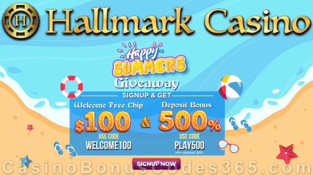 Hallmark Casino $100 No Deposit FREE Chip plus 500% Match Bonus Limited Time Offer