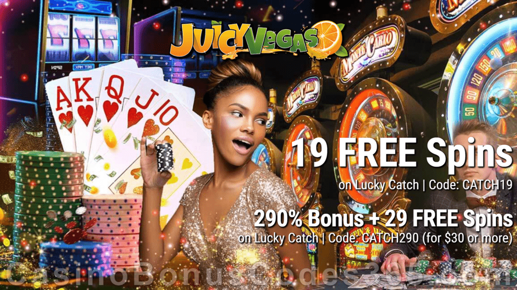 JJuicy Vegas Special New RTG Game 19 FREE Lucky Catch Spins plus 290% Match Bonus Sign Up Offer