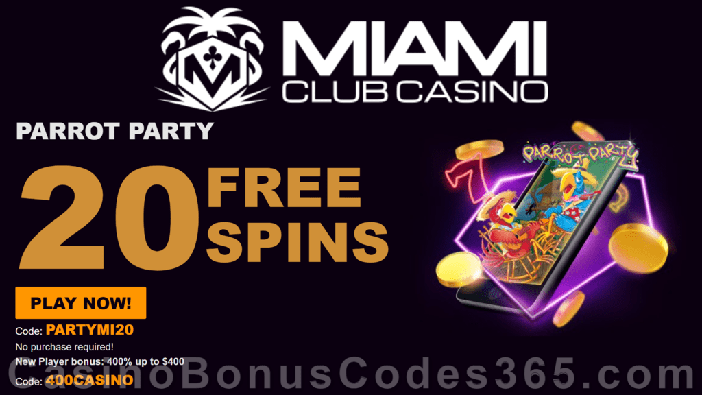 Miami Club Casino 20 FREE Spins on WGS Parrot Party No Deposit Deal for All Players