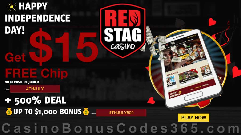 Red Stag Casino $10 FREE Chip plus 500% Match Bonus Super Independence Day 2021 Deal