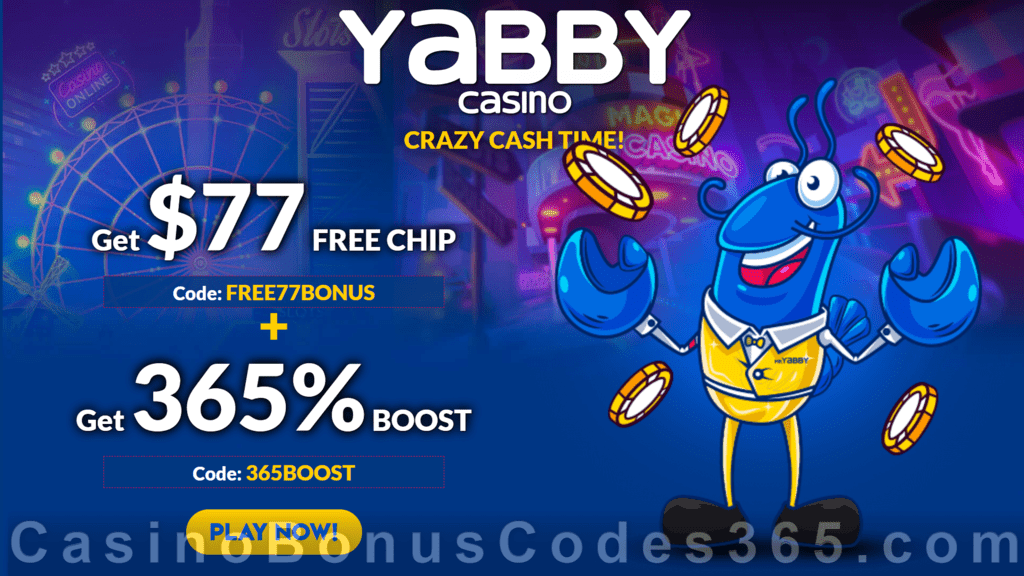 Yabby Casino Exclusive $77 No Deposit FREE Chip plus 365% Match No Max Bonus Welcome Package