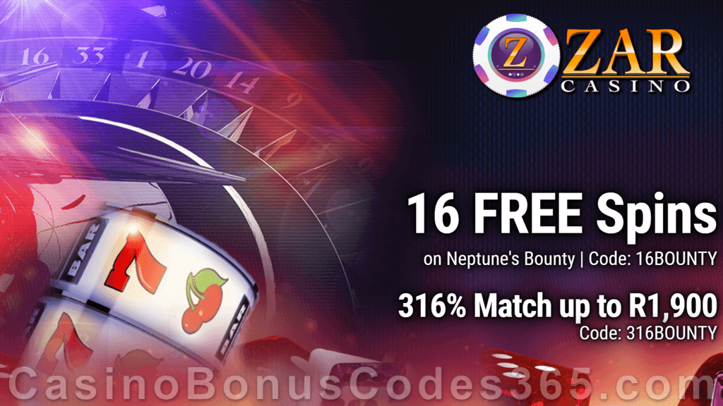 ZAR Casino 16 FREE Spins on Saucify Neptune's Bounty plus 316% + 10 FREE Spins on Neptune's Bounty Match Bonus New Players Promotion