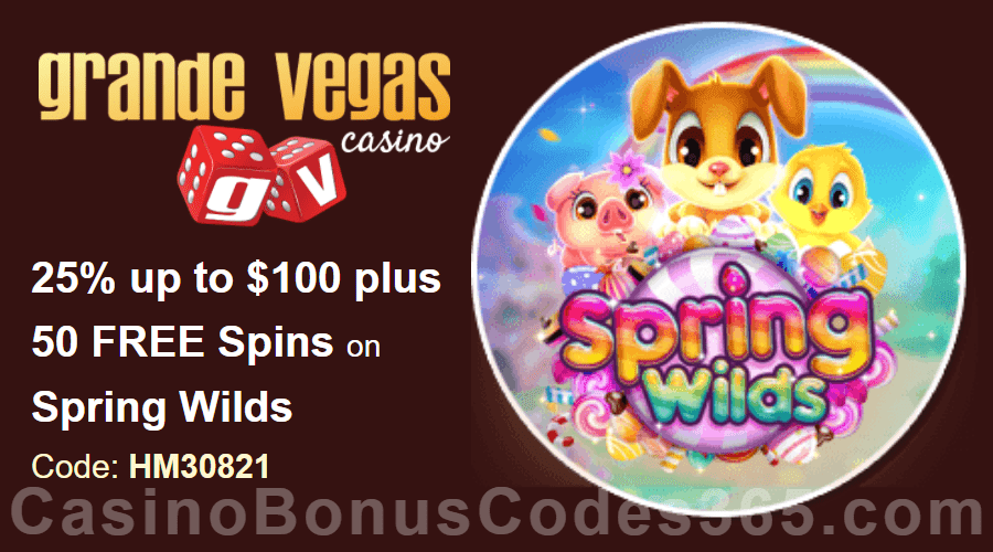 Grande Vegas Casino 25% up to $100 plus 50 FREE Spins on RTG RTG Spring Wilds Special Offer