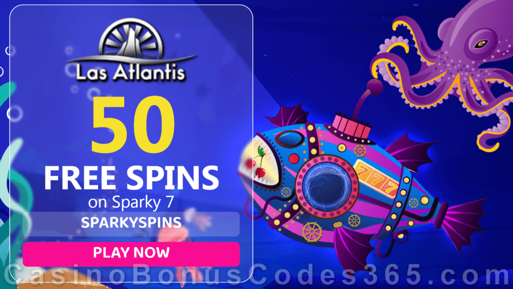 Las Atlantis Casino 50 FREE Spins on Sparky 7 New RTG Game Special Deal