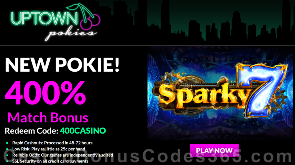 Uptown Pokies New RTG Game Sparky 7 $4000 Welcome Offer