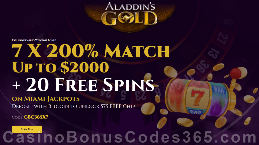 Aladdin's Gold Casino 200% Match up to $2000 Bonus for 7 Days Welcome Package RTG