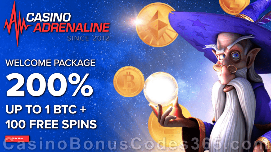 Casino Adrenaline 200% Match Bonus up to 1 BTC plus 100 FREE Spins Welcome Package