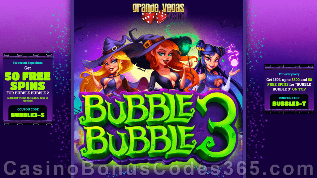 Grande Vegas Casino New RTG Game Bubble Bubble 3 150% up to $300 Bonus plus 150 FREE Spins Special Promotion