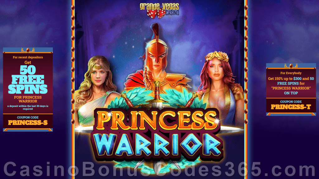 Grande Vegas Casino New RTG Game Princess Warrior 150% up to $300 Bonus plus 150 FREE Spins Special Promotion