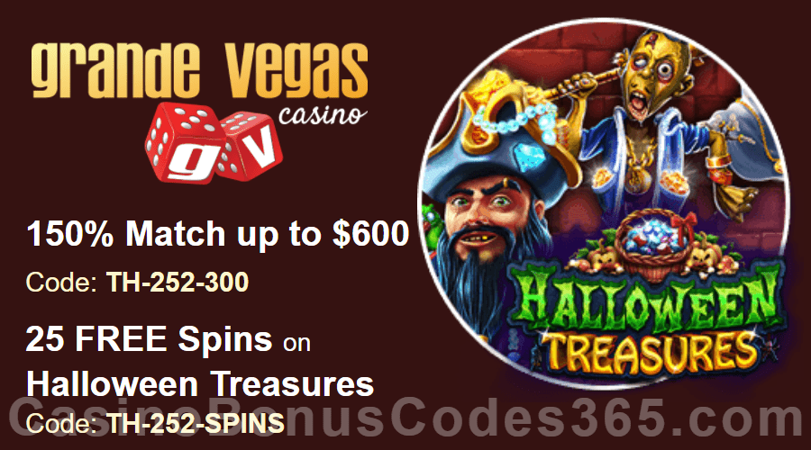 Grande Vegas Casino 150% up to $600 Bonus plus 25 FREE Spins on RTG Halloween Treasure Special Deal