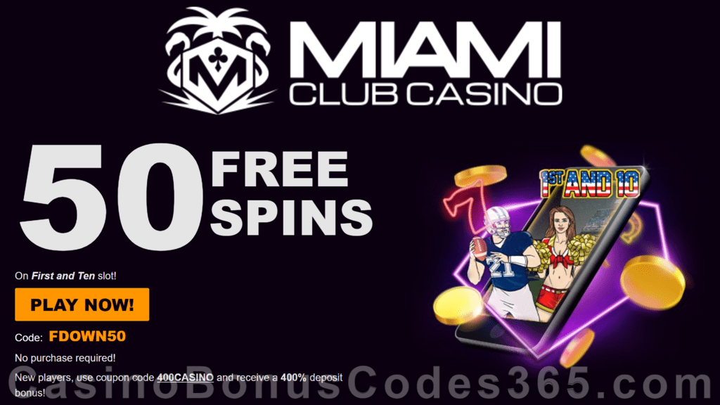 Miami Club Casino 50 FREE Spins on WGS 1st and 10 No Deposit Deal for All Players