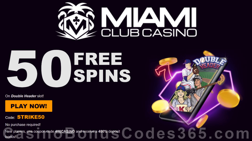 Miami Club Casino 50 FREE Spins on WGS Double Header No Deposit Deal for All Players