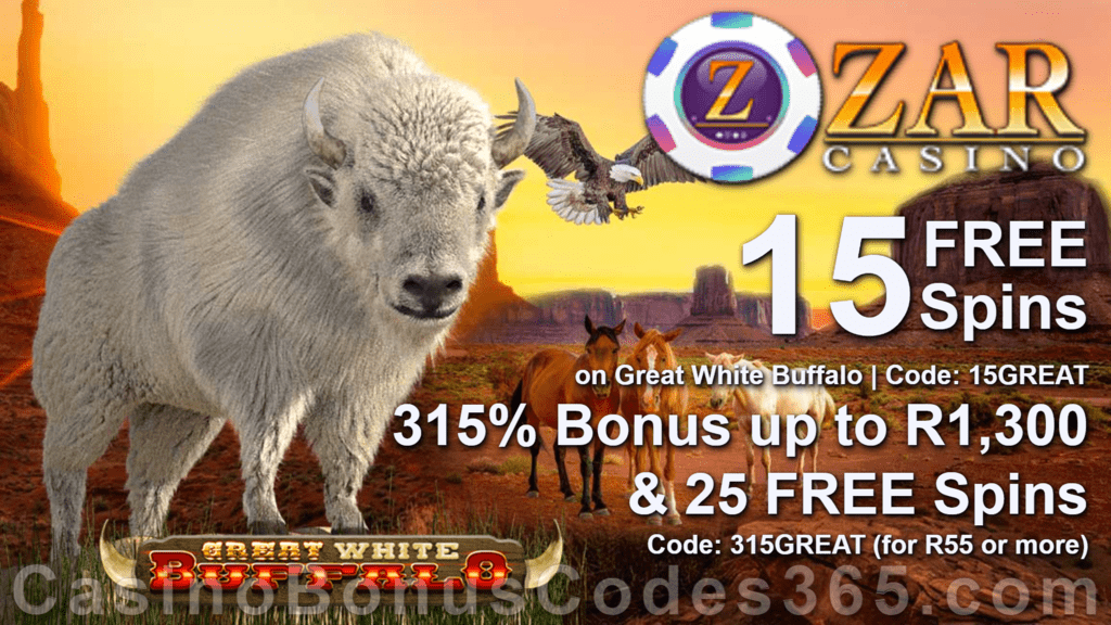 ZAR Casino 15 FREE Spins on Saucify Great White Buffalo plus 315% + 10 FREE Spins on Great White Buffalo Match Bonus New Players Promotion