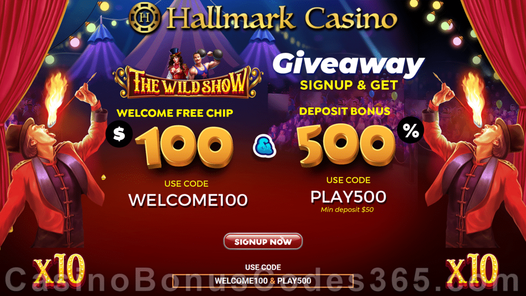 Hallmark Casino $100 No Deposit FREE Chip plus 500% Match Bonus Dragon Gaming The Wild Show Promotion