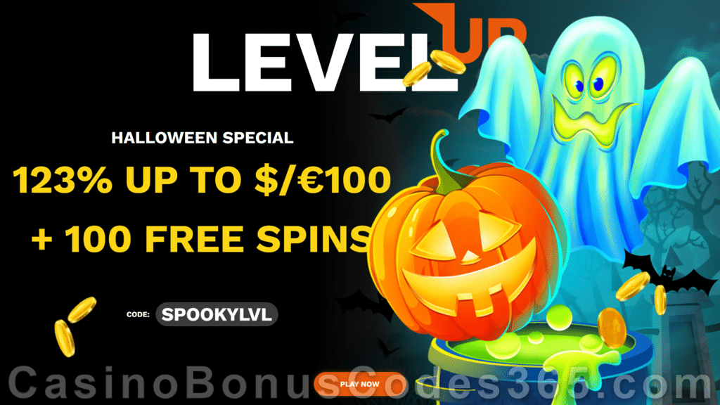 LevelUp Casino 123% Match plus 100 FREE BGAMING Hello Halloween Spins Special Halloween New Players Promo