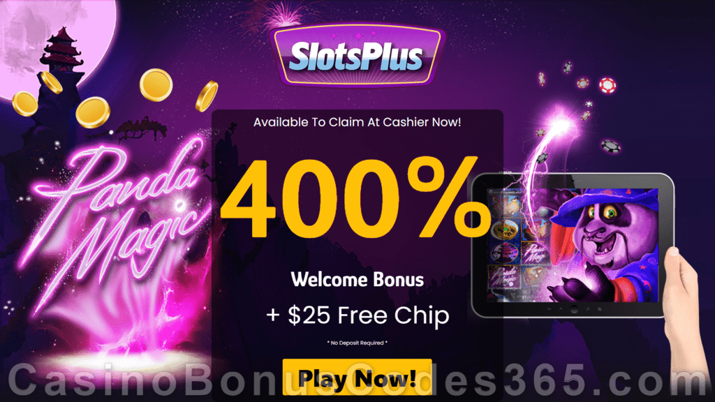 SlotsPlus RTG Panda Magic $25 FREE Chip plus 400% Match Welcome Bonus Pack