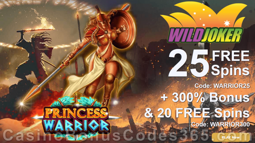 Wild Joker Casino New RTG Pokies 20 FREE Princess Warrior Spins No Deposit Deal plus 50 Extra Spins Sign Up Deal