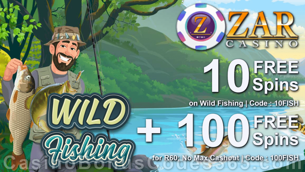 ZAR Casino Exclusive New Genii Game 10 No Deposit FREE Wild Fishing Spins plus 100 FREE Spins Deposit Sign Up Promo