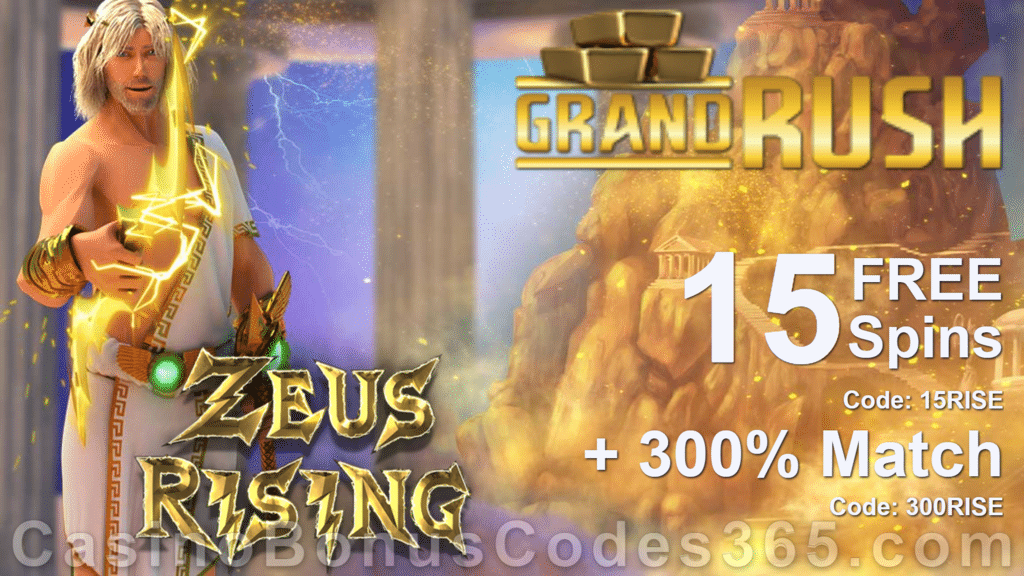 Grand Rush Exclusive New Saucify Game 15 FREE Zeus Rising Spins and 300% Match Special Welcome bonus Package