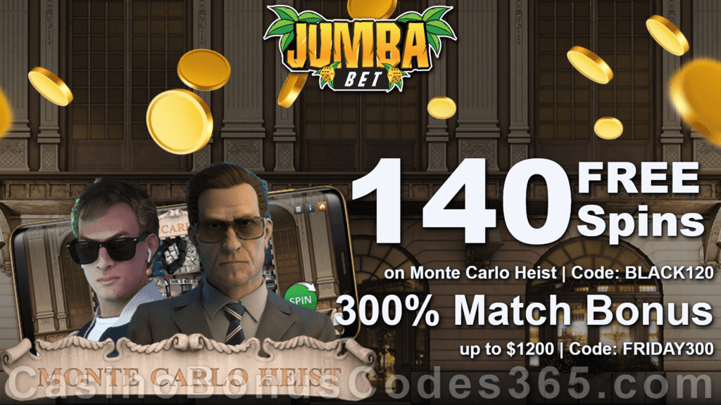 Jumba Bet 140 FREE Spins on Saucify Monte Carlo Heist plus 300% Match Black Friday New Players Offer