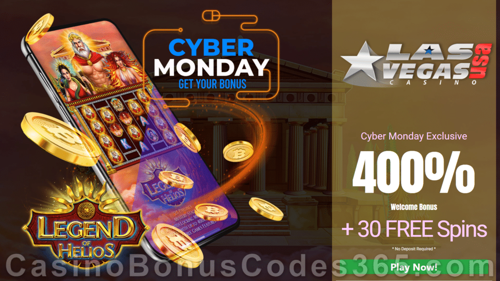 Las Vegas USA Casino 30 FREE RTG Legend of Helios Spins plus 400% Match Bonus Cyber Monday Special Offer