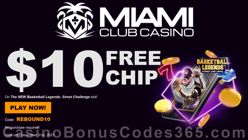 Miami Club Casino $10 FREE Chip on Dragon Gaming Basketball Legends All Players No Deposit Offer plus 400% Match Welcome Bonus