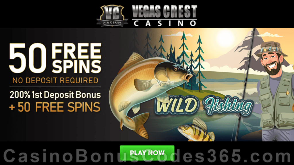 Vegas Crest Casino 50 FREE Saucify Wild Fishing Spins and 200% Match Bonus plus 50 FREE Spins Special Welcome Pack