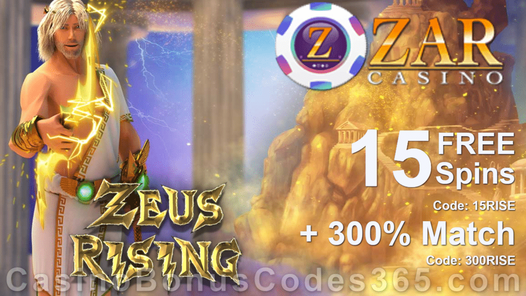 ZAR Casino Exclusive New Genii Game 15 No Deposit FREE Zeus Rising Spins plus 100 FREE Spins Deposit Sign Up Promo