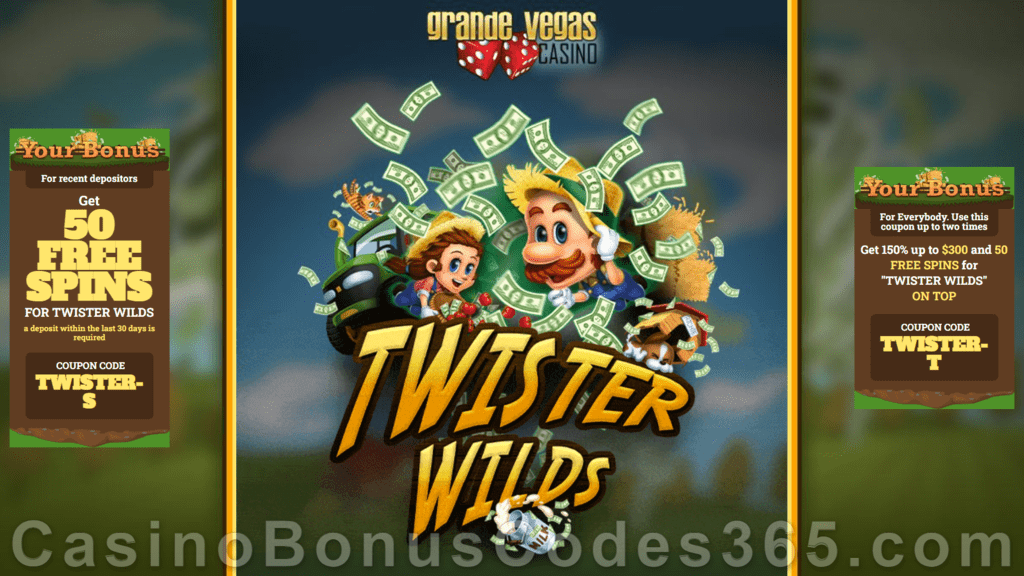 Grande Vegas Casino New RTG Game Twister Wilds 150% up to $300 Bonus plus 150 FREE Spins Special Promotion