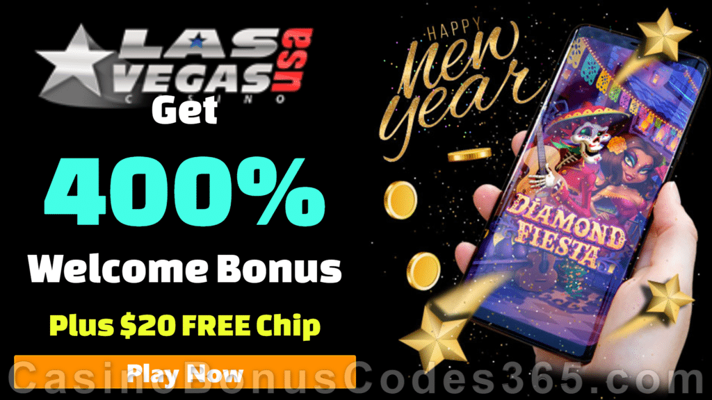 Las Vegas USA Casino $20 No Deposit FREE Chip plus 400% Match Bonus Special Sign Up Deal RTG Diamond Fiesta