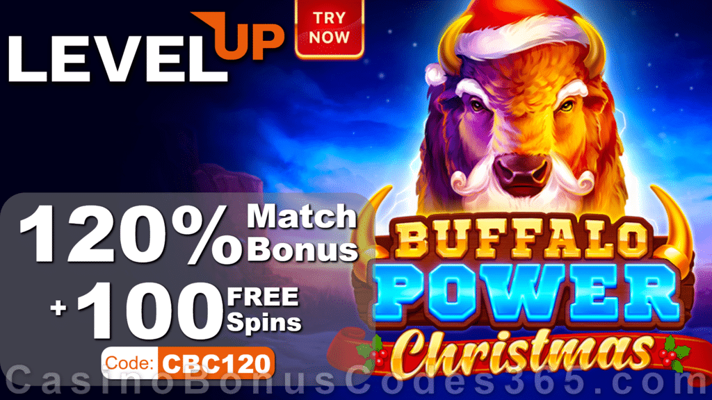 LevelUp Casino Exclusive 120% Match Bonus plus 100 FREE Playson Buffalo Power: Christmas Spins Welcome Package