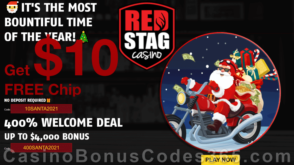 Red Stag Casino WGS $10 FREE Chip plus 400% Match up to $4000 Bonus Special 2021 Xmas Welcome Offer